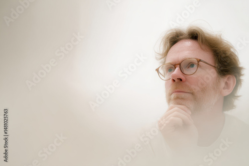 portrait of mycologist on left side of frame displaying observant emotion