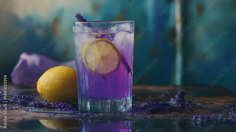 Lavender Lemonade Cocktail. Gin, homemade lavender syrup, fresh lemon juice, served with a sprig of lavender and a lemon wheel