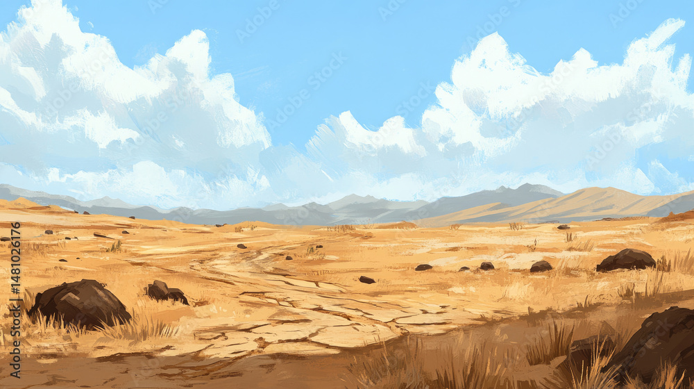 Naklejka premium A desolate desert landscape stretches toward distant mountains under a cloudy sky