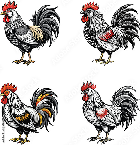 Four Detailed Illustrations of Roosters