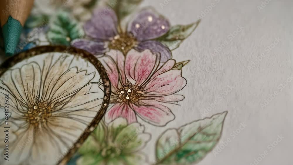 Colored pencils resting on a floral heart drawing, close-up with a warm, artistic, and handcrafted illustration feel, soft color tones.