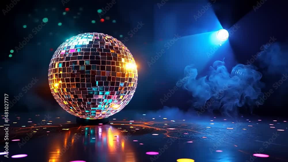 Reflective disco ball under vibrant stage lights.