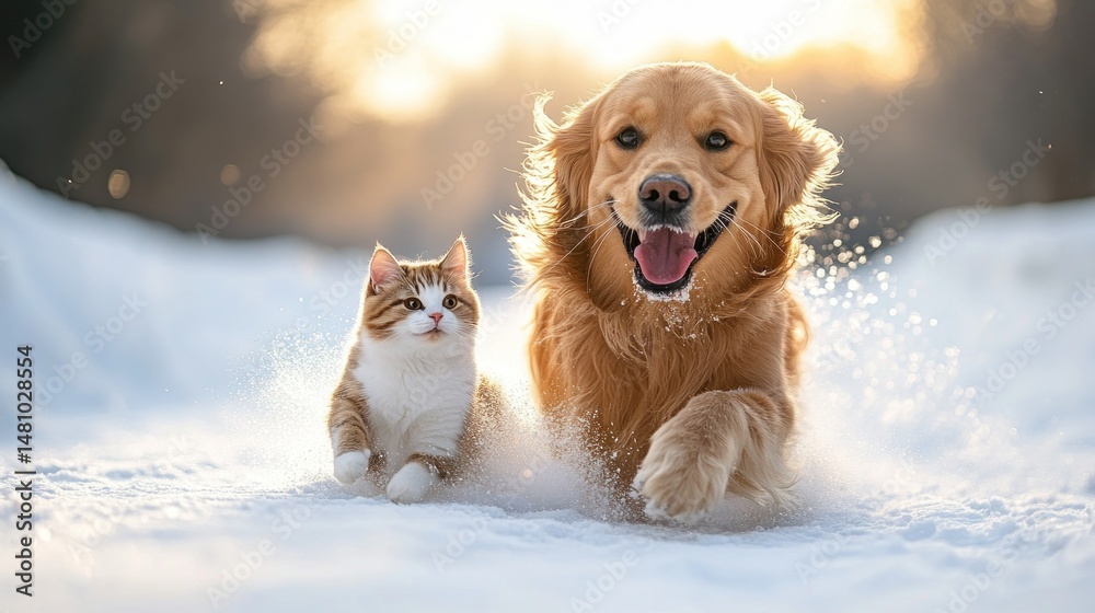 Playful pets running in snowy field Playful pets running in snowy field