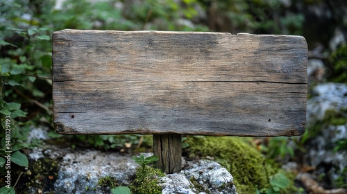 Rustic weathered wooden signboard in natural setting