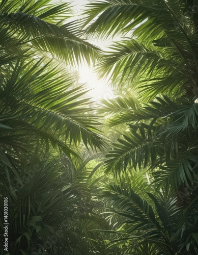Vibrant green palm fronds, sunlight dappled, lush texture, design, plant