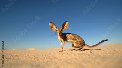 Long-eared jerboa standing on sand in desert