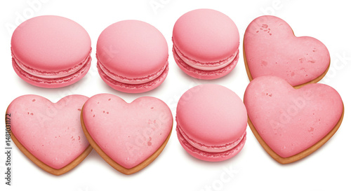 Several round and heart-shaped pink macarons.
