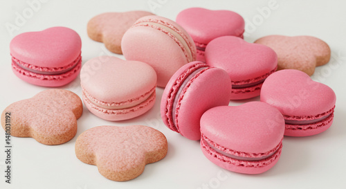 Group of pink and heart-shaped macarons.
