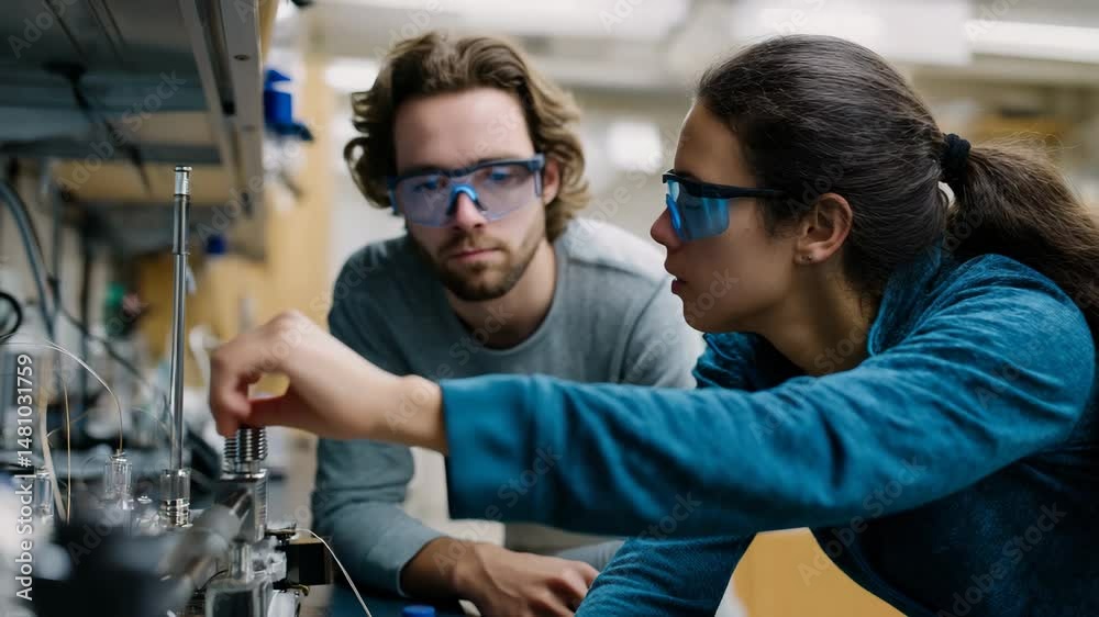 A male and a female researcher concentrate on their work in a laboratory, equipped with protective eyewear, emphasizing collaboration and scientific discovery in a hands-on environment.