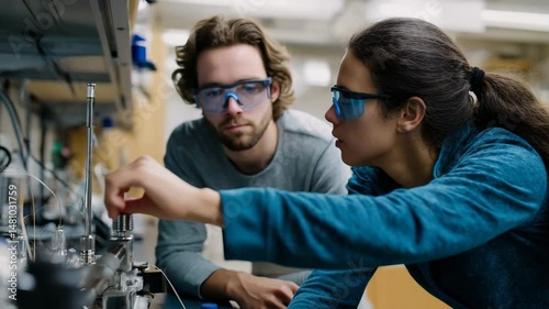 A male and a female researcher concentrate on their work in a laboratory, equipped with protective eyewear, emphasizing collaboration and scientific discovery in a hands-on environment.