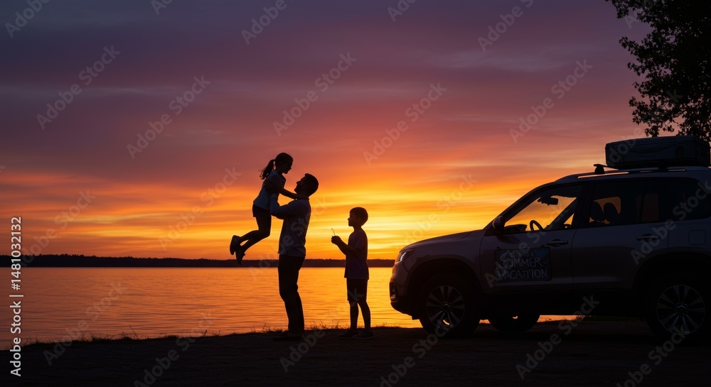 Fototapeta premium Father Lifting Child Silhouette at Vibrant Sunset Family Love