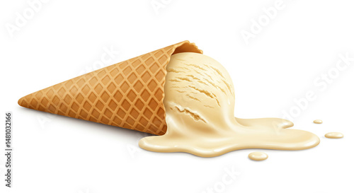 Vanilla ice cream cone with melting ice cream.
