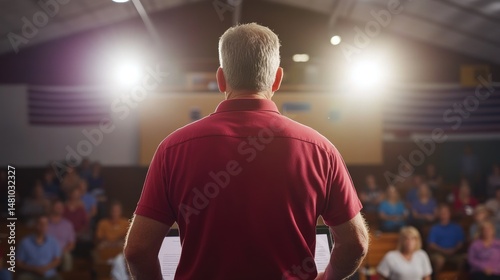 Speaker addressing audience at conference or town hall event