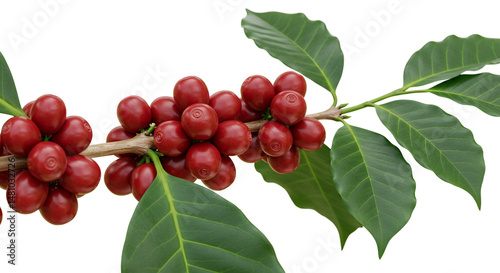 Coffee cherries on a branch.
