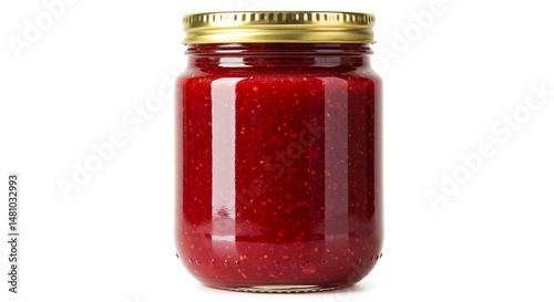 small jar of red jam with a gold lid.