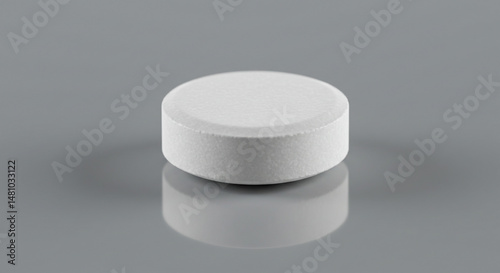 Small, round, white tablet or pill on a reflective surface.
