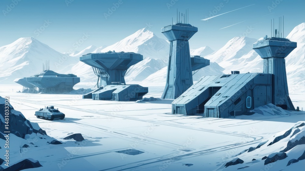 Obraz premium Futuristic vector illustration of a stealth military base in icy terrain, hidden hangars, radar towers, robotic guards, muted color palette with cool blue tones, clean futuristic lines, cinematic feel