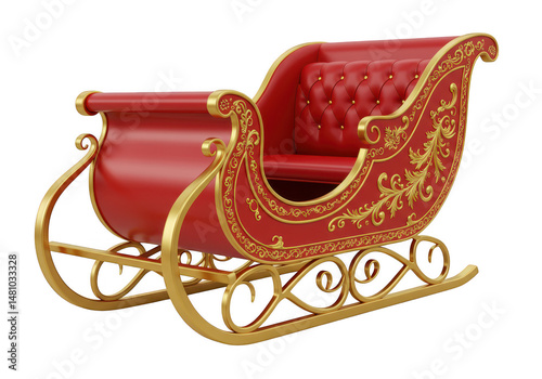 Red and gold christmas sleigh isolated on transparent background