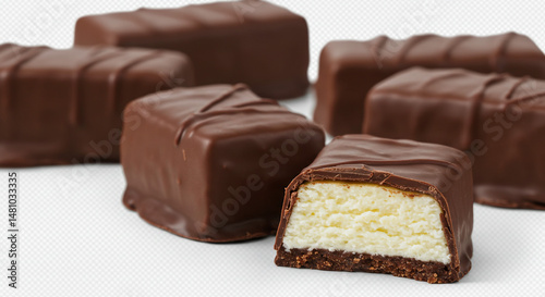 Several chocolate-covered candies with white filling.
