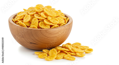 Wooden bowl filled with golden cornflakes.
