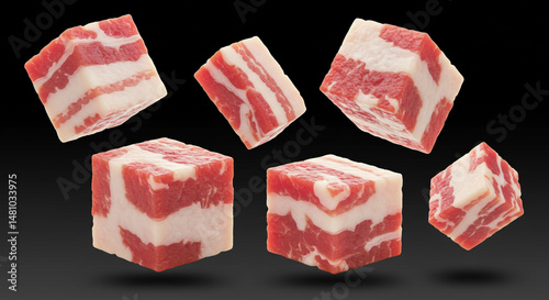 Pink and white striped meat cubes.
