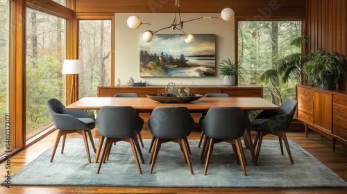 Modern dining room with forest view wooden table gray chairs