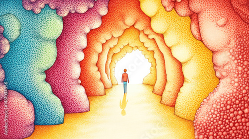 A person walks towards bright light at the end of a tunnel with colorful walls