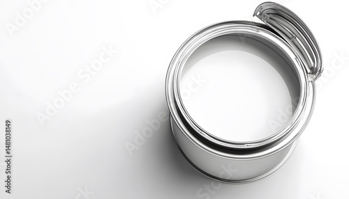 Empty paint can with opened lid on white background.