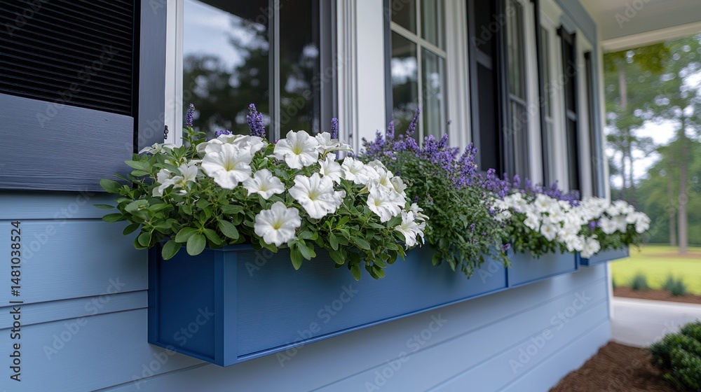 Fototapeta premium Blue window box overflowing with white petunias and lavender
