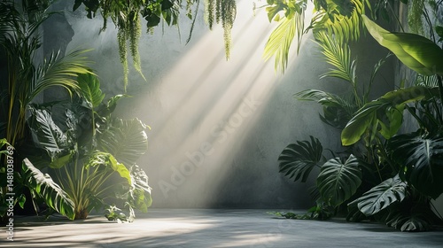 Fototapeta Naklejka Na Ścianę i Meble -  Lush Tropical Plants Sunlight Greenery Background Studio Concrete Wall Dramatic Lighting Vibrant Green Foliage Natural Scene Exotic Indoor Jungle     