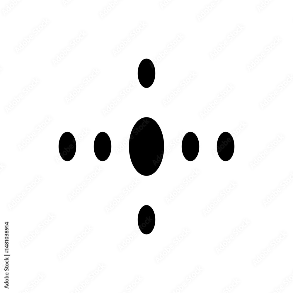 Arrangement of black circles in a cross pattern with a larger central circle on a white background plain view