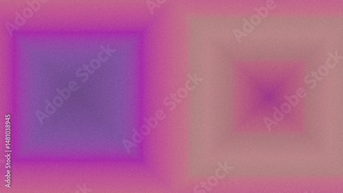 Retro grainy geometric background with two square shape frames and gradient in fuchsia pink, peach, fade orange, purple, lilac, violet colours. Video channel end screen, copy space. Nostalgia design