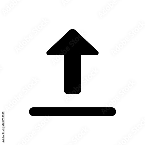 A black upload icon with an arrow pointing upwards above a horizontal line on a white background image here
