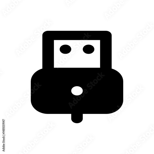 A stylized black and white illustration of a usb drive with a rounded rectangular shape and circular details