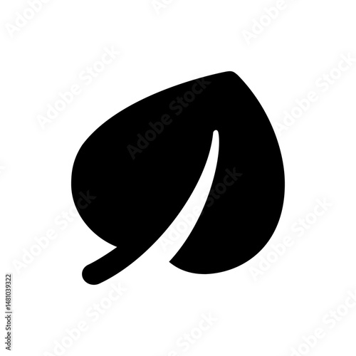 Illustration of a single black leaf with a white vein on a white background in a simple vector style