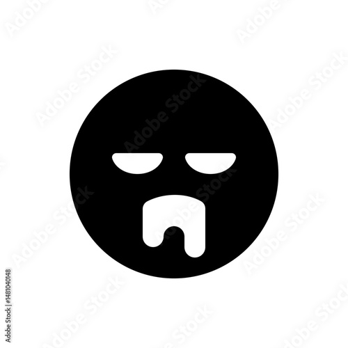 A black circle with two downward curved eyes and a white drool coming from the mouth emoji style face