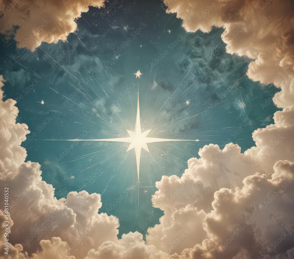 Fototapeta premium Retro sky, geometric cloud & star pattern on distressed paper , texture, triangle, texture