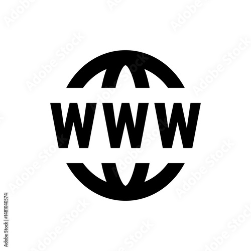 Illustration of a black globe outline with the letters www in bold black font across the center of the globe