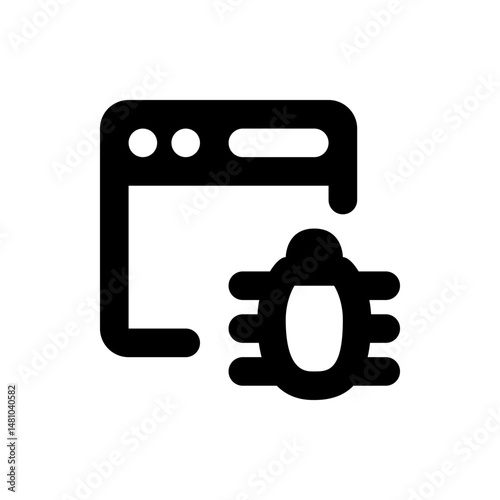 Illustration of a computer screen with a bug icon representing software issues and debugging process