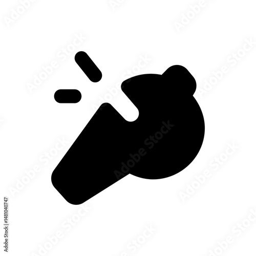 A black silhouette of a whistle with two sound waves emanating from its mouthpiece on a white background