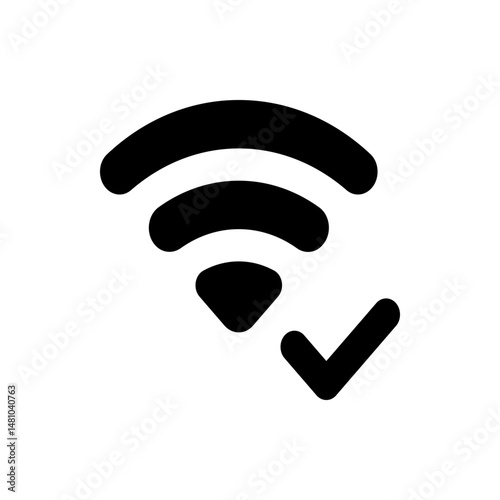 Black wifi signal icon with three curved lines and a check mark indicating a successful connection status shown
