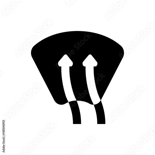 Two white arrows pointing upwards against a black fan shaped background in a simple graphic design