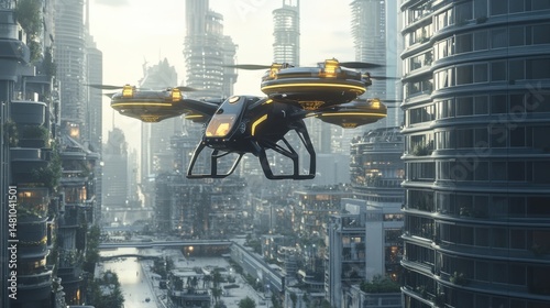 Futuristic cityscapes with aerial drones. photo