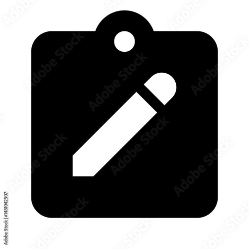 Black notepad with a white pencil diagonally across the front and a hole at the top for hanging it up