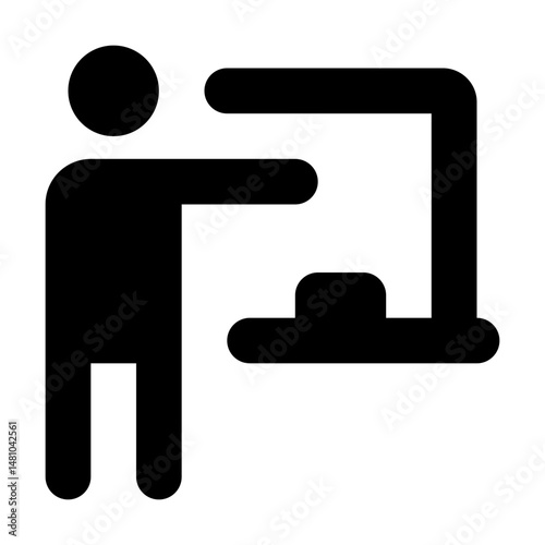 Illustration of a person standing next to a machine with a control panel, rendered in black silhouette