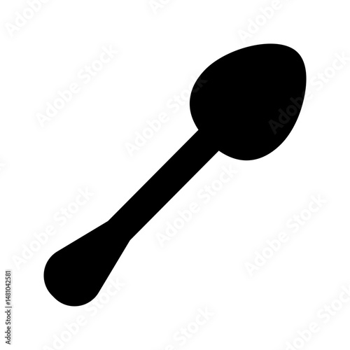 Illustration of a simple black spoon with an oval bowl and a slender handle on a plain white background