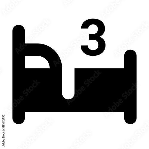 Illustration of a stylized black bed icon with rounded edges and a number three above it in black color