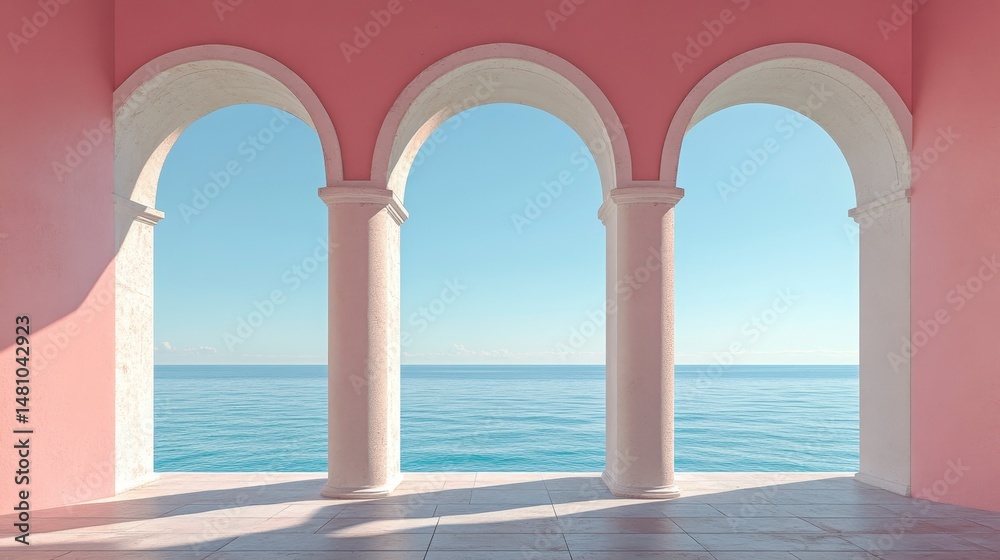 Fototapeta premium Pink building with three arched windows overlooking a calm ocean.