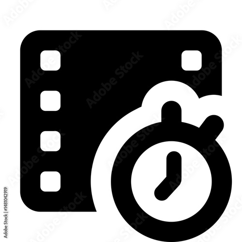 Black film strip icon with rounded edges and a stopwatch overlay indicating time lapse or duration of the movie