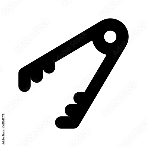 Illustration of black metal tongs with rounded edges and a circular pivot point on a white background